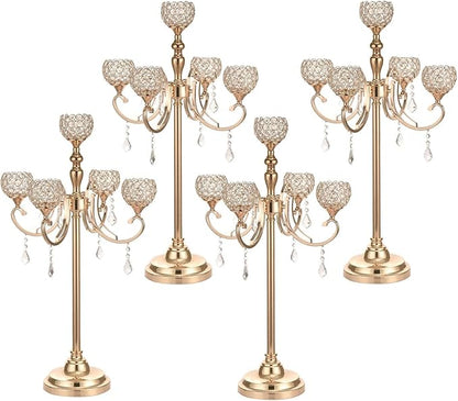 4Pack Gold 5 Arm Crystal Candelabras Centerpieces for Wedding,33 Inches Tall Crystal Candlestick Holders Table Top Chandelier Centerpiece for Party Events Baby Shower Christmas Decoration