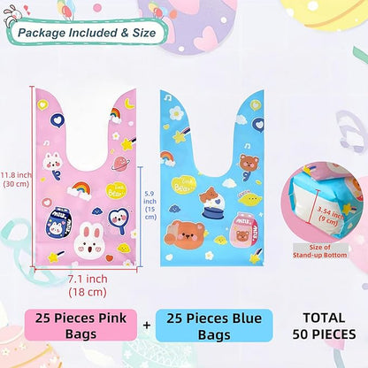 FERENLI 50 Pack Reusable Easter Gift Bags with Bunny Ears Goodie Treat Plastic Snack Candy Bags for Rabbit Bunny Birthday Party Favor Supplies (2 Mixed Colors, 7.1x11.8 inch(18x30 cm))