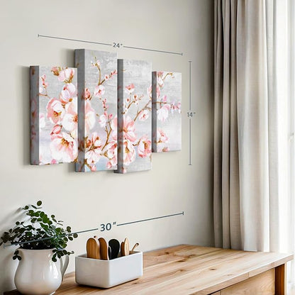 Elephant Stock Spring Cherry Blossoms Wall Art - Horizontal Canvas - 4-Piece Living Room Wall Decor - Painting Floral and Botanical Canvas Print - Pink and Brown Decor for Wall by Eva Watts - 24" X 14"