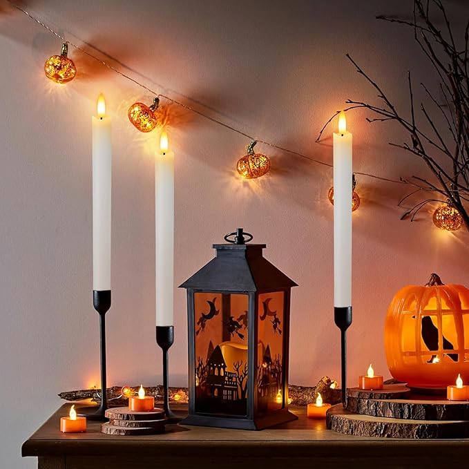 HINZER 6 Pcs Flameless Taper Candles with Remote & Timer 9.6 inch Real Wax Battery Operated LED Warm 3D Wick Flickering Window Candles for Halloween Christmas Wedding Decor, White