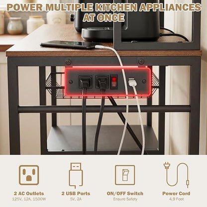 Uieke Bakers Rack with Power Outlet and Storage, Kitchen Bakers Rack with Cabinet & 10 Hooks, Coffee Bar Cabinet, Microwave Stand, 5 Tiers Kitchen Storage Rack for Dining Room & Small Spaces, Black