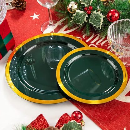 Liacere 175PCS Green Plastic Plates - Emerald Green Party Plates - Disposable Gold Plastic Plate include 50Plates, 25Knives, 25Forks, 25Spoons, 25Cups, 25Napkins for Football Party & Christmas