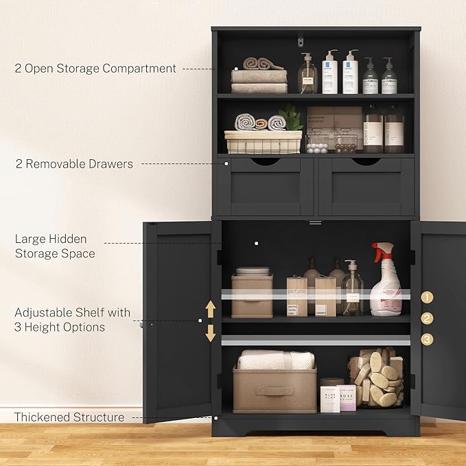 Iwell Tall Storage Cabinet, Black Storage Cabinet with 2 Drawers & Adjustable Shelves, Bathroom Cabinet for Living Room, Dining Room, Entryway, Black
