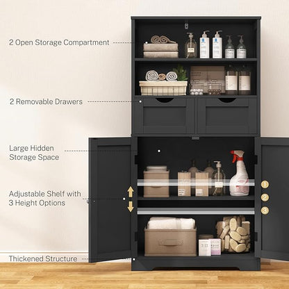 Iwell Tall Storage Cabinet, Black Storage Cabinet with 2 Drawers & Adjustable Shelves, Bathroom Cabinet for Living Room, Dining Room, Entryway, Black