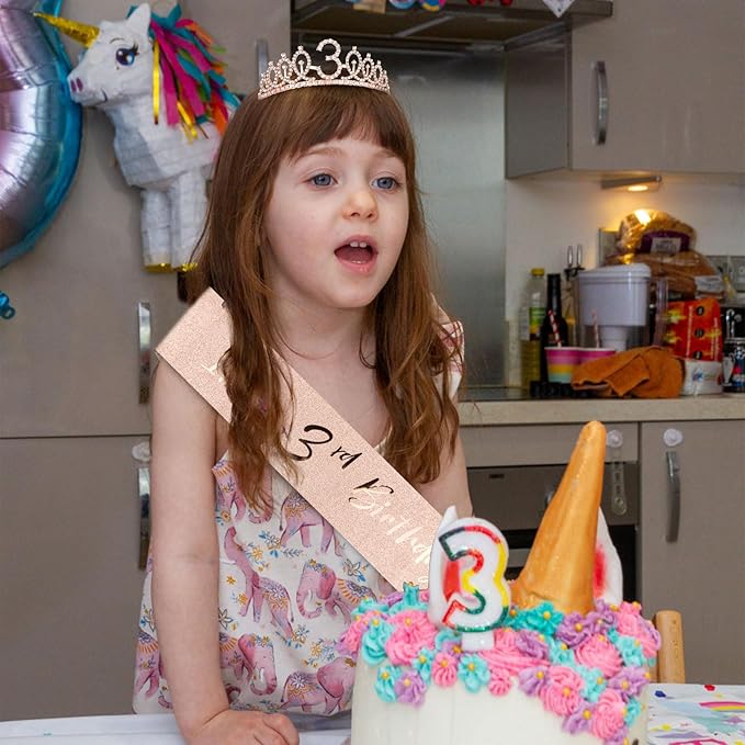 CIEHER 3th Birthday Party Supplies: Crown, Sash, Pearl Pin Set - Decorations for Little Girls' Special Day