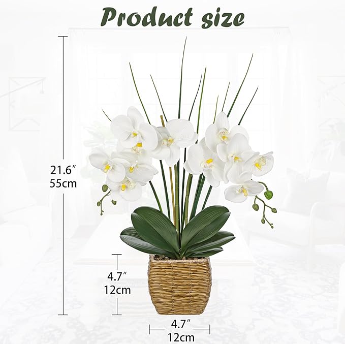 Hollyone 21.6" White Orchid Artificial Flowers Fake Orchid in Rattan Woven Vase Faux Orchids Phalaenopsis Arrangement in Pot for Office Table Centerpiece Shelf Wedding Indoor Outdoor Home Decor