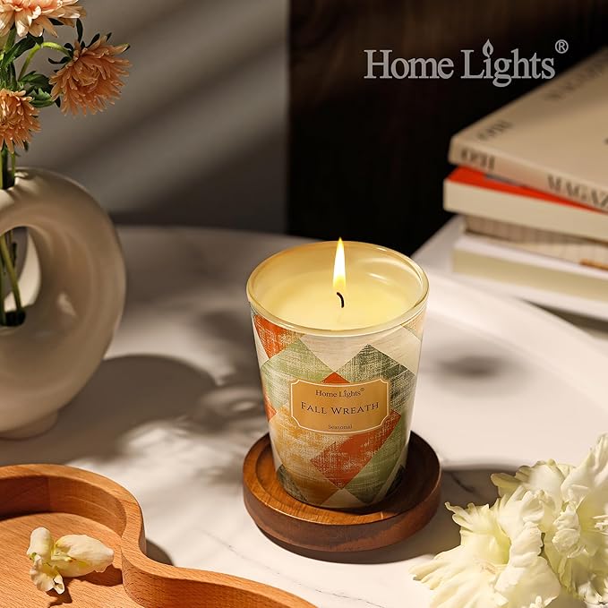HomeLights Soy Wax Candles for Home Scented, 1-Wick Candles in Fall Wreath Scented, Rustic Modern Aromatherapy Candles Gift for Parties, Relaxing, 6.7oz