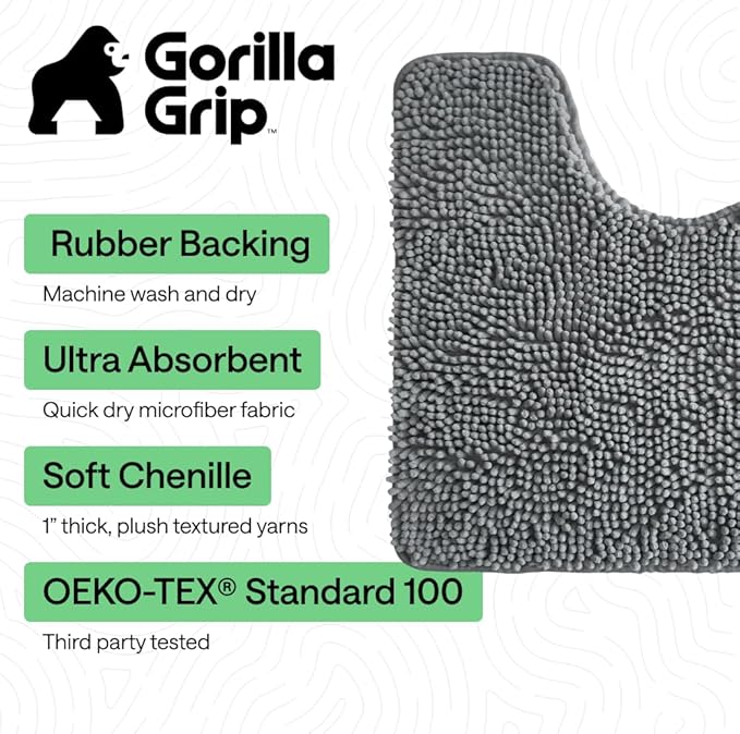 GORILLA GRIP Bathroom Rug Sets, Soft Chenille 2 Piece Area Rugs Set, Toilet Base Mat and 30x20 Carpet, Absorbent Microfiber Washable Mats Dry Quickly, Home Décor and Bath Room Accessories, Grey
