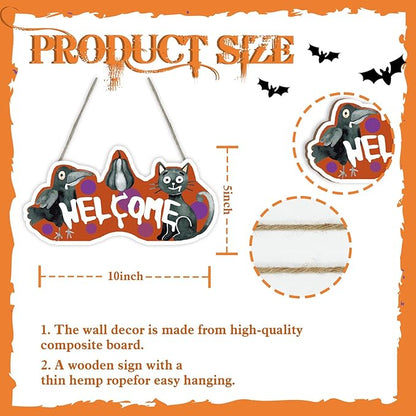 Abstract Raven & Cat Halloween Sign - 6" x 10" Rustic Farmhouse Wall Decor with Jute Rope, Perfect for Halloween, Cottage, Home, Bedroom, Witch Theme, Spooky Seasonal Wall Art. - A04