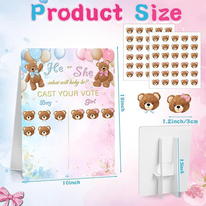 Poen Bear Gender Reveal Game Board with Stand, 60 He or She Bear Stickers, Cast Your Vote Baby Shower Party Supplies, Boy or Girl Guessing Game Decorations for Gender Reveal Party Baby Shower Decor