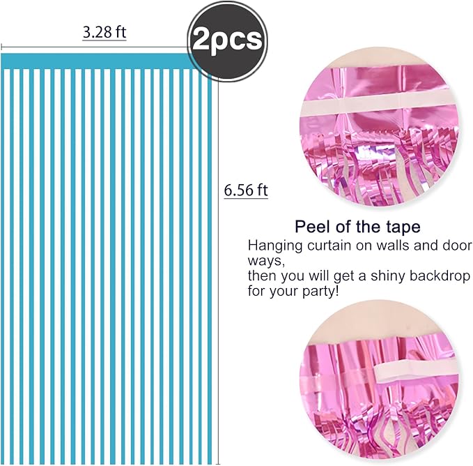 2 Pcs Light Blue Metallic Tinsel Foil Fringe Curtains Backdrop, 3.28 ft x 6.56 ft Streamers for Birthday Wedding Engagement Bachelorette Party Photo Booth Bridal Shower Baby Shower Decoration Supplies