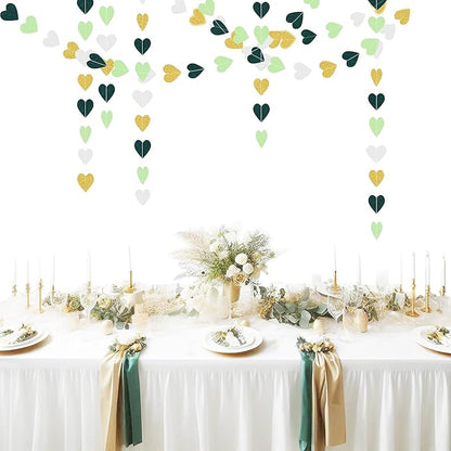 Sage-Green White Gold Party Decorations – 52Ft Paper Heart Garland Streamer Birthday Banner Engagement Bachelorette Wedding Baby Bridal Shower Valentines Day Hanging Decor