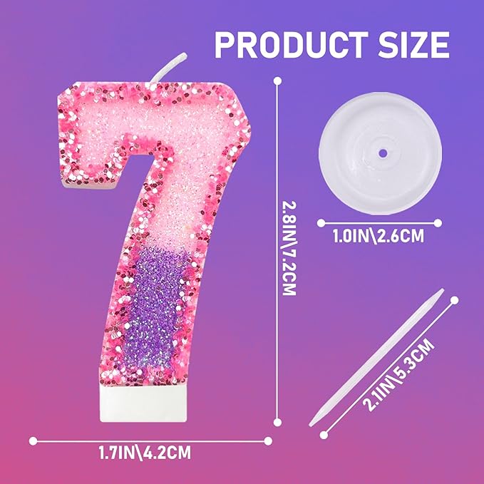 Birthday Number Candles for Cake, Pink Purple Glitter Number Candles for Cake Toppers, Ideal Birthday Parties Cake Decor, Wedding Anniversary and Other Celebrations (7 Candle)