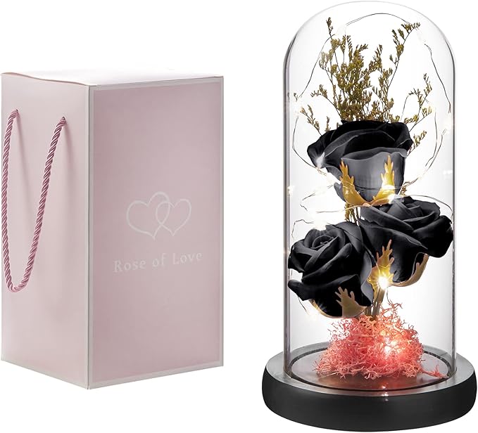 Preserved Flower Gift, Light Up Rose in Glass Dome, Eternal Forever Rose Flower Gifts for Her, Grandma, Mother’s Day, Valentine’s Day, Anniversary, Birthday, Christmas Decorations, Black