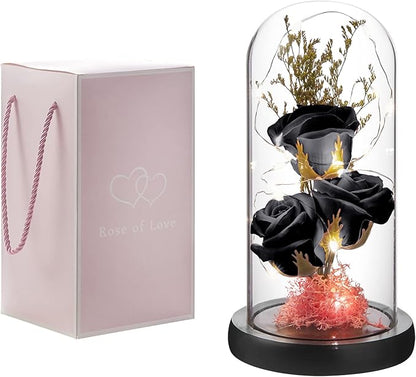 Preserved Flower Gift, Light Up Rose in Glass Dome, Eternal Forever Rose Flower Gifts for Her, Grandma, Mother’s Day, Valentine’s Day, Anniversary, Birthday, Christmas Decorations, Black