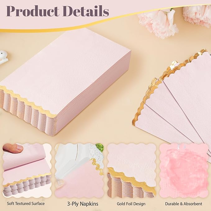 50 Pink Paper Napkins Decorative, Gold Foil Scalloped Edged Guest Napkins Disposable, Dinner Napkins for Wedding, Shower Baby, Birthday Parties Supplies(4 x 8 In, Pink)