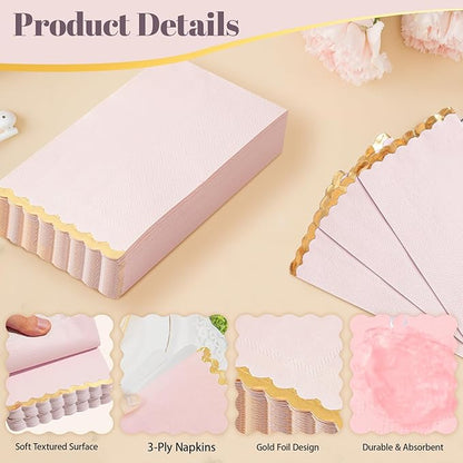 50 Pink Paper Napkins Decorative, Gold Foil Scalloped Edged Guest Napkins Disposable, Dinner Napkins for Wedding, Shower Baby, Birthday Parties Supplies(4 x 8 In, Pink)