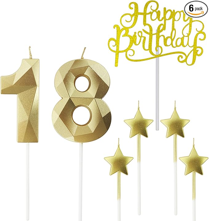 Golden Number 18 Birthday Candles and Star Birthday Candles, 2.76 inch, 3D Diamond Shaped, Suitable for Birthday Parties and Anniversary Cake Decorations