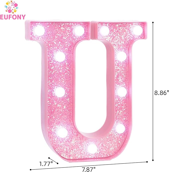 Pink LED Marquee Light Up Letters, Glitter Alphabet Letter Lights for Birthday Party Decorations, Battery Operated Letter Signs for Girls Room Table Decor, Pink letter U with Cool White Lights