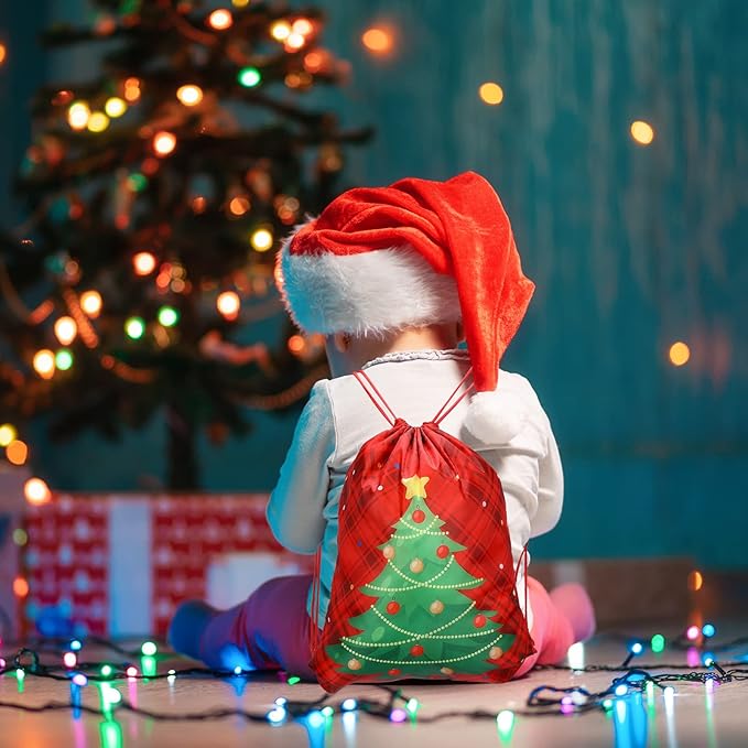 12 Pcs Christmas Party Favors Bags for Kids Drawstring Backpack Santa Claus Goodies Snack Treat Gift Bags Presents Wrapping for Xmas Winter Holiday Birthday Party (13.2 x 16.3 Inch)
