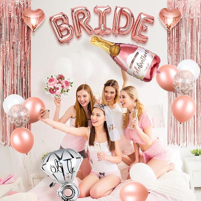 MOVINPE Bachelorette Party Decorations, Bride to Be Sash, Veil, Rhinestone Tiara, Dare Cards, Photo Booth Props, Foil Curtains, Tattoos, Rose Gold Bridal Shower Party Supplies Decor