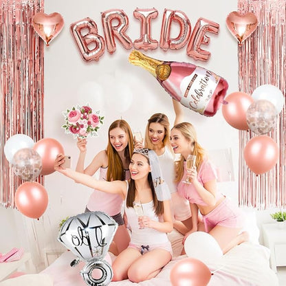 MOVINPE Bachelorette Party Decorations, Bride to Be Sash, Veil, Rhinestone Tiara, Dare Cards, Photo Booth Props, Foil Curtains, Tattoos, Rose Gold Bridal Shower Party Supplies Decor