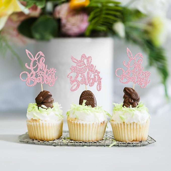 Ephlyn 24PC Happy Oh Baby Cupcake Toppers - Pink Glitter Bunny Babyshower Cake Topper Decorations - Birthday Party Supplies