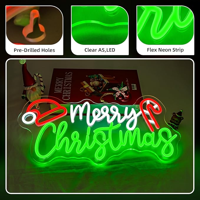 NOSUN Merry Christmas Candy Cane Neon Sign LED Lighted Dimmable Switch Christmas Gift Decorations for Xmas Party Kids Bedroom Bar Pub Club Decor