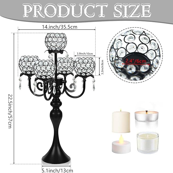Crystal Tea Light Candle Holders Set - 14" L x 22.5" H Matte Black Metal & Sparkling Accents, Wedding & Party Centerpiece Decor(2, Black)