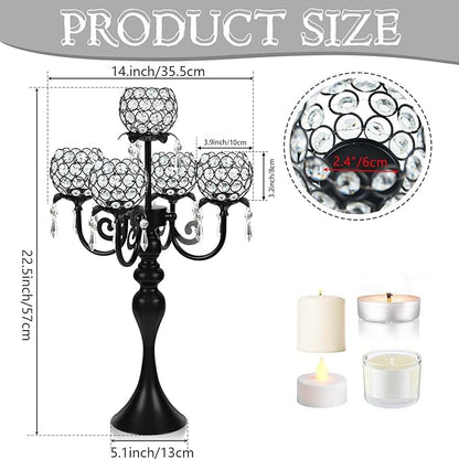 Crystal Tea Light Candle Holders Set - 14" L x 22.5" H Matte Black Metal & Sparkling Accents, Wedding & Party Centerpiece Decor(2, Black)