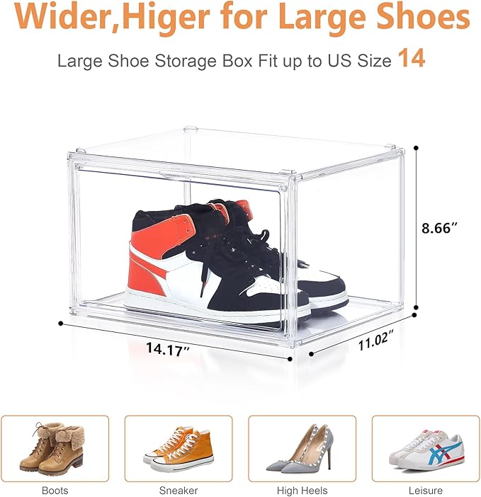 Acrylic Shoe Storage Boxes with Magnetic Door - 360° Clear Stackable Shoe Display Box Set, Plastic Shoe Cabinet Rack Box for Sneakers Heels Shoes (1, Clear, XL - Side Open)