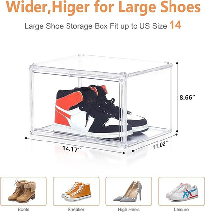 Acrylic Shoe Storage Boxes with Magnetic Door - 360° Clear Stackable Shoe Display Box Set, Plastic Shoe Cabinet Rack Box for Sneakers Heels Shoes (12, Clear, XL - Side Open)
