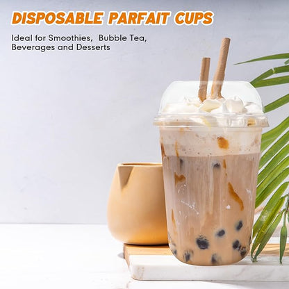 50 Set Clear Plastic Cups with Wide Dome Lids Dessert Cups with Large Hole Dome Lids Disposable Party Drink Mugs for Smoothies Iced Coffee Bubble Tea Slushies Parfaits, and More(16oz)