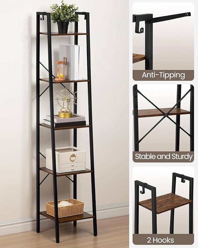 Ladder Shelf, Bookshelf Bookcase, Freestanding Corner Storage Shelve with 2 Hooks for Home Office, Living Room, Kitchen, Bedroom, Industrial, 11.8" D x 13.4" W x 63" H, Rustic Brown BC03201B