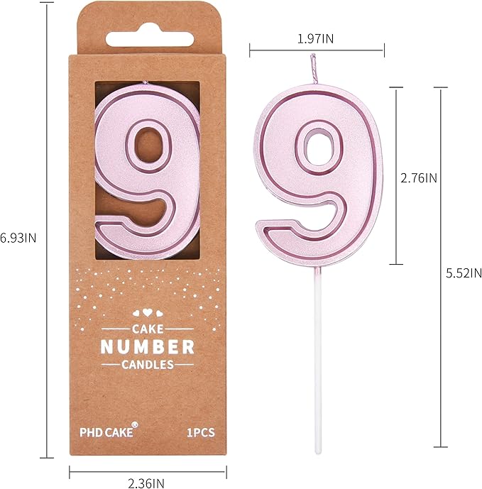 PHD CAKE 2.76 Inch Luxe Rose Gold 9 Number Birthday Candles, Rose Gold Number Candle, Cake Number Candles, Party Celebration