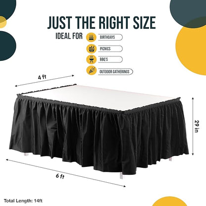 Exquisite Ruffle Table Skirt Black Pack Of 12, 14 Ft Long Table Skirts for Rectangle Tables 6ft Plus or Round Tables Skirts with Adhesive Strip for Gender Reveal Decor & Happy Birthday Parties