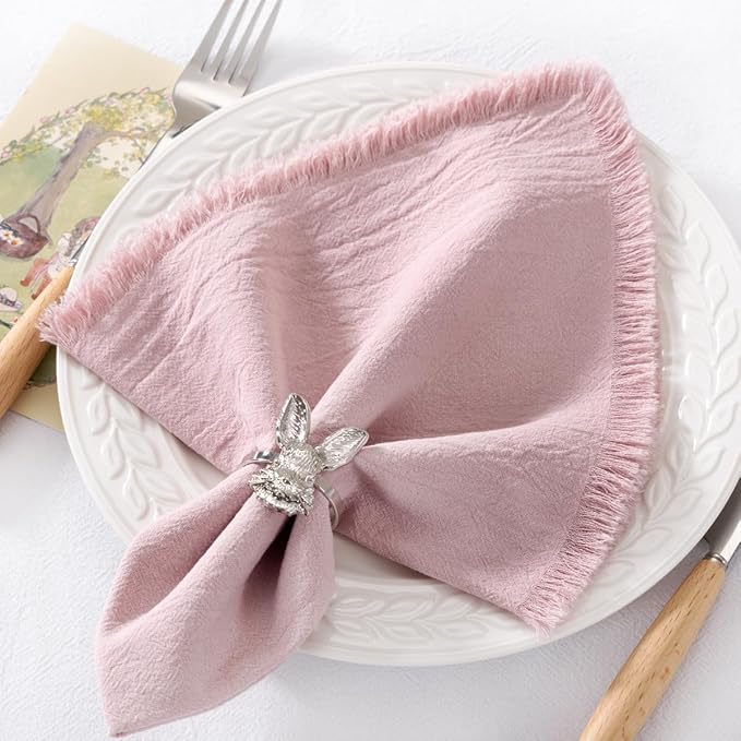 12 Pack Pink Cotton Linen Napkins with Fringe Christmas Cloth Napkins Set of 12 Boho Handmade Holiday Napkins Bulk for Wedding Baby Shower Xmas Parties Girl Sweet 16, 17 x 17 Inches