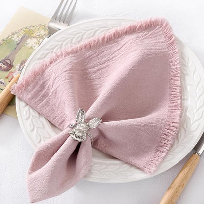 12 Pack Pink Cotton Linen Napkins with Fringe Christmas Cloth Napkins Set of 12 Boho Handmade Holiday Napkins Bulk for Wedding Baby Shower Xmas Parties Girl Sweet 16, 17 x 17 Inches