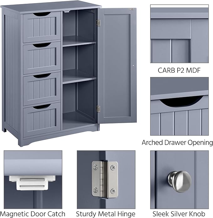 Yaheetech Large Bathroom Storage Cabinet, Freestanding Floor Cabinet with 4 Dawers and 1 Door, Adjustable Shelf, Bathroom Storage Organizer with 3 Shelves, for Living Room Kitchen Hallway, Gray