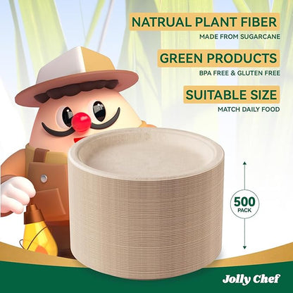 JOLLY CHEF Compostable Heavy Duty Plates 𝟭𝟬 𝗜𝗻𝗰𝗵 [𝟱𝟬𝟬 𝗣𝗮𝗰𝗸] Eco-Friendly Disposable Paper Plates Made of Bagasse Biodegradable Bulk for Party Dinner Sugarcane Lunch Christmas (Natural)