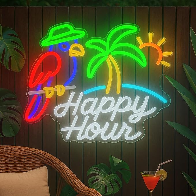 Happy Hour Dimmable Neon Sign 15.7”×12.6” with Parrot, Palm Tree & Sun, Tropical LED Wall Light for Tiki Bar, Home Bar, Beach Party Decor, USB Powered