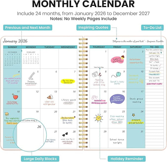 Monthly Planner 2026-2027, 2 Year Months Calendar Planner 2026-2027, Runs from January 2026 - Decembe 2027, 7" x 10", 24 Months, Perfect for School Office Home Planning - Pink