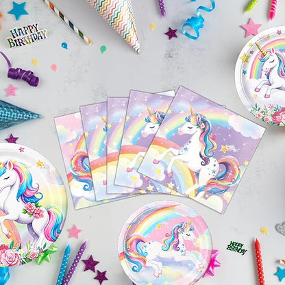 Unicorn Birthday Decorations Includes Plates, Napkins, Cups, Cutlery, Hanging Swirls, Banner, Cake & Cupcake Toppers, Balloons, Tablecloths for Rainbow Girls Birthday Party Decorations, Serve 20