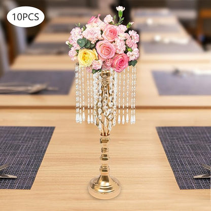 Wedding Centerpieces Gold Vases,10PCS Metal Flower Candle Holder with Sparkling Crystal Beads,Crystal Flower Vase Metal Flowers Stand for Party Tables Decorations (10PCS-Gold-15)