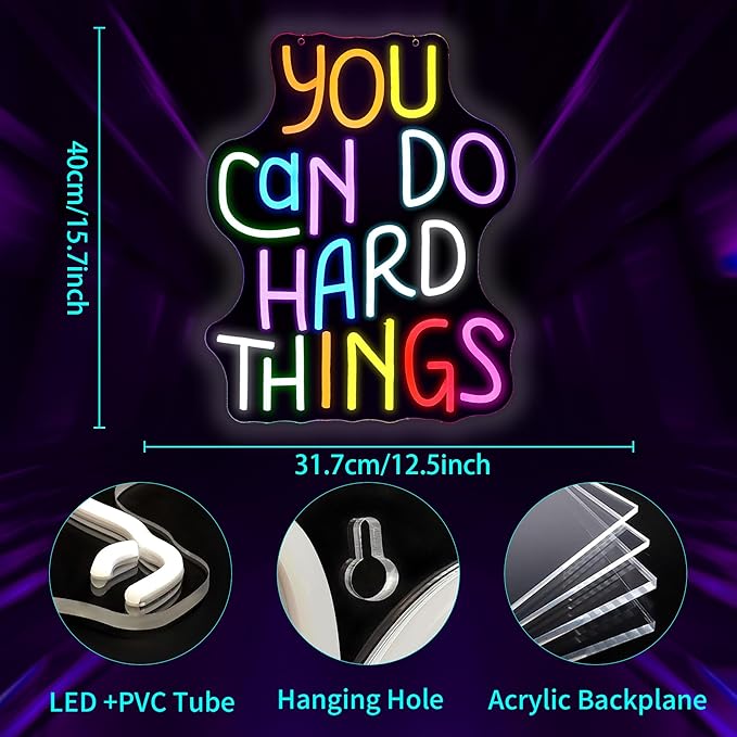 Neon Sign, JGHTURIE You Can Do Hard Things Neon Signs for Wall Decor Led Lights Signs for Classroom Office Business Library Bar Party Art Decoration USB Powered