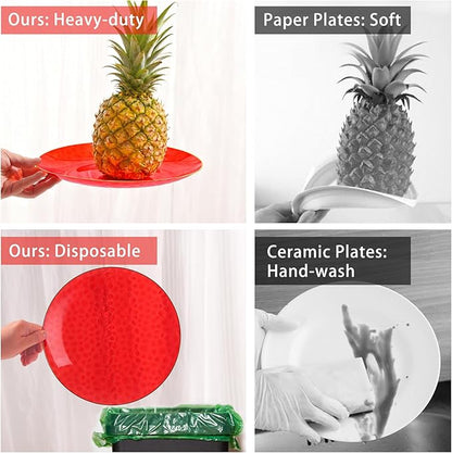 64 Pcs Red Plasitc Plates, 32 Guests Clear Red Disposable Plates with Gold Rim, Hammered Plastic plates Include 32 Dinner Platos and 32 Dessert Platos for Party Wedding Birthday Christmas