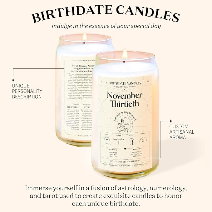 Birthdate Candles, November 30 - Sagittarius Zodiac Scented Candles Birthday Gift - Rose, Neroli & Water Lily Scent - All-Natural Soy & Coconut Wax, 60-80 Hour Burn Time - Made in USA