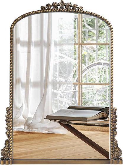 Vintage Baroque Arched Mirror - Traditional Ornate Antique Brass Wood Frame - 24"X32" - Perfect for Entryway, Fireplace, Living Room, Hallway, Bathroom