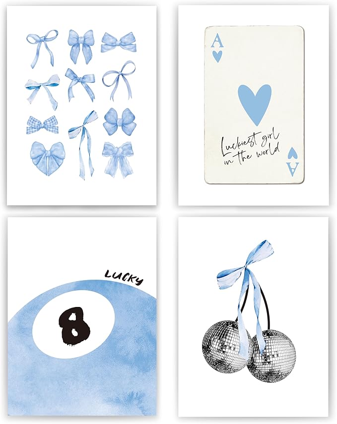 okaxscm Light Blue Coquette Trendy Preppy Wall Art Prints Set of 4,Coquette Preppy Room Decor,Blue Bow Disco 8 Ball Cherry Wall Decor Posters for Girls Bedroom Dorm,12x16 Unframed