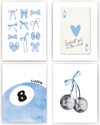 okaxscm Light Blue Coquette Trendy Preppy Wall Art Prints Set of 4,Coquette Preppy Room Decor,Blue Bow Disco 8 Ball Cherry Wall Decor Posters for Girls Bedroom Dorm,12x16 Unframed